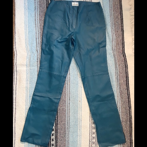 teal leather pants